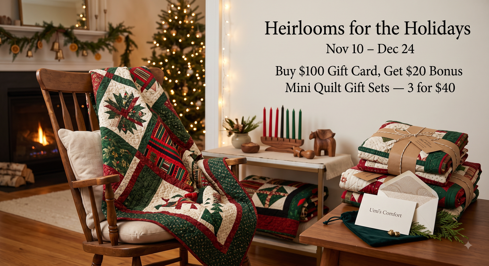 Heirlooms for the Holidays — gift card bonus and mini quilt gift sets, November 10 through December 24