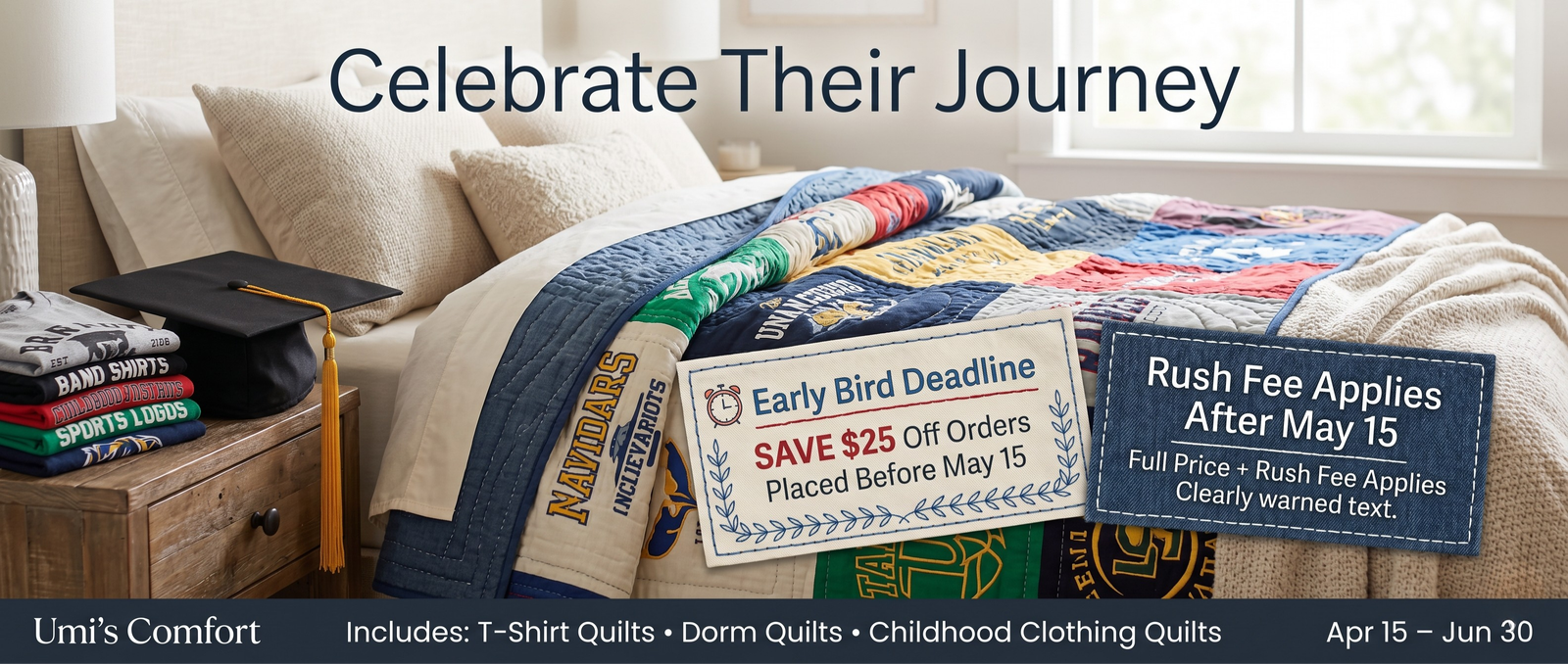 Celebrate Their Journey — graduation and t-shirt quilt promotion, April 15 through June 30