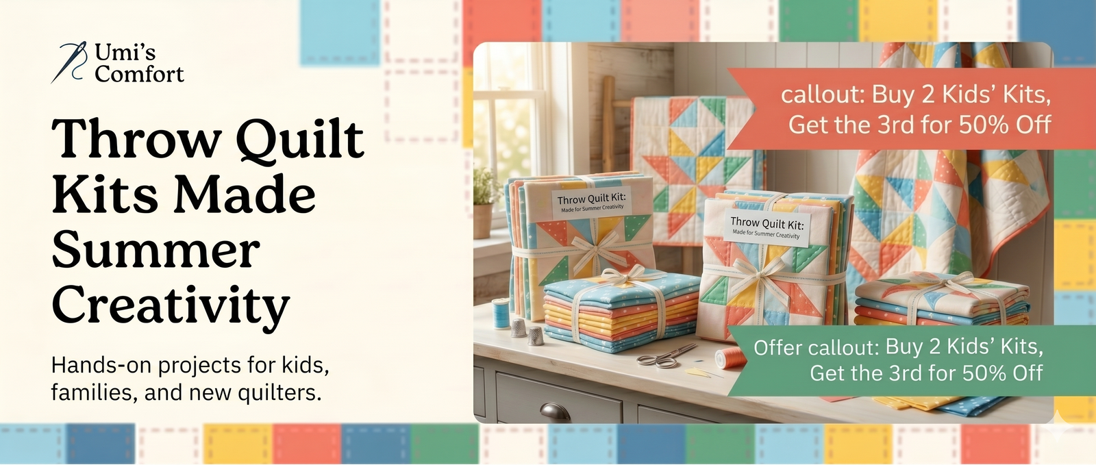 Stitching Summer Memories — throw quilt kits and summer class pass offer, June 15 through July 31
