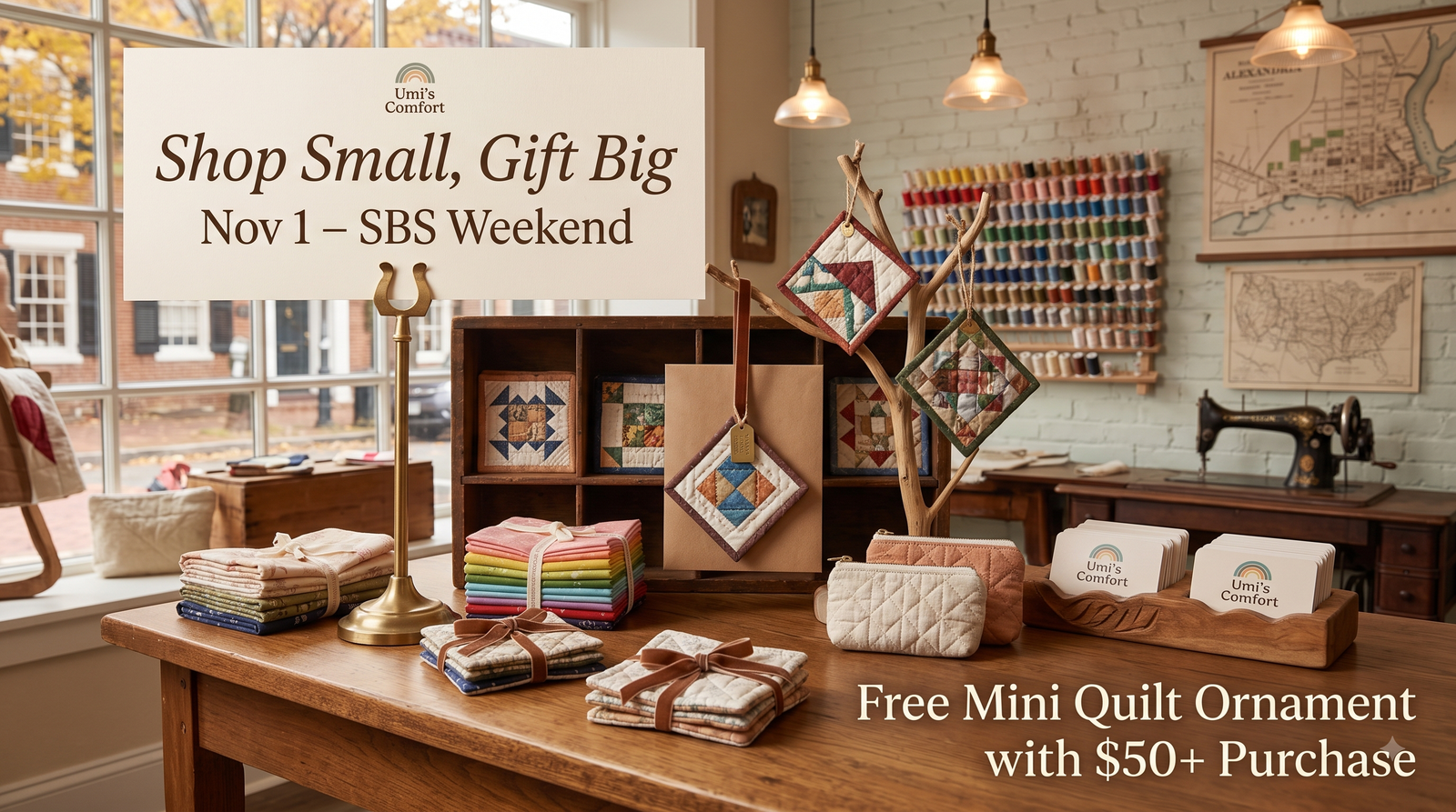 Shop Small, Gift Big — free mini quilt ornament with fifty dollar purchase, November 1 through November 30