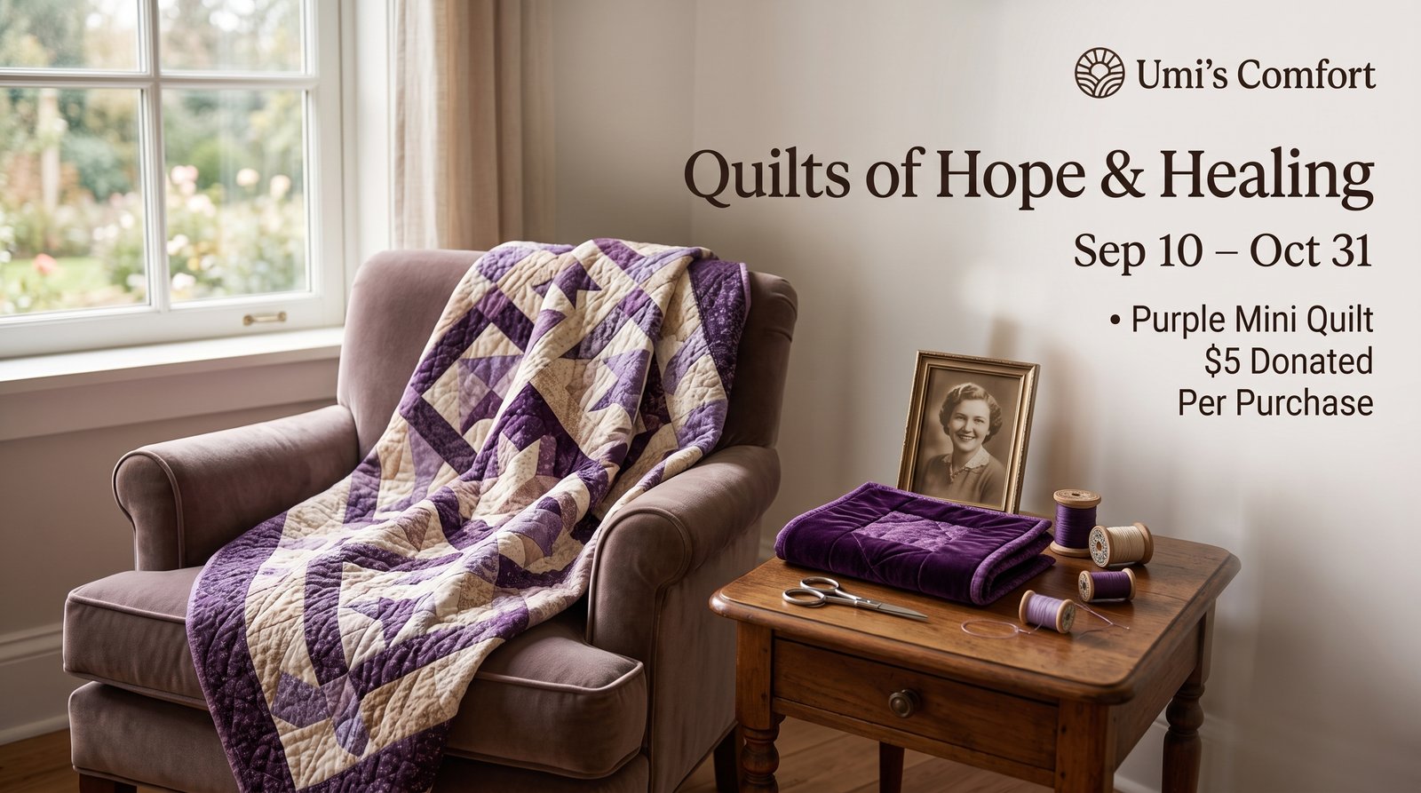 Quilts of Hope and Healing — purple mini quilt with five dollars donated per purchase, September 10 through October 31