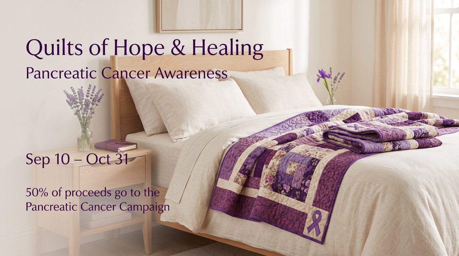 Quilts of Hope and Healing — Pancreatic Cancer Awareness, fifty percent of proceeds to the Pancreatic Cancer Campaign, September 9 through October 31